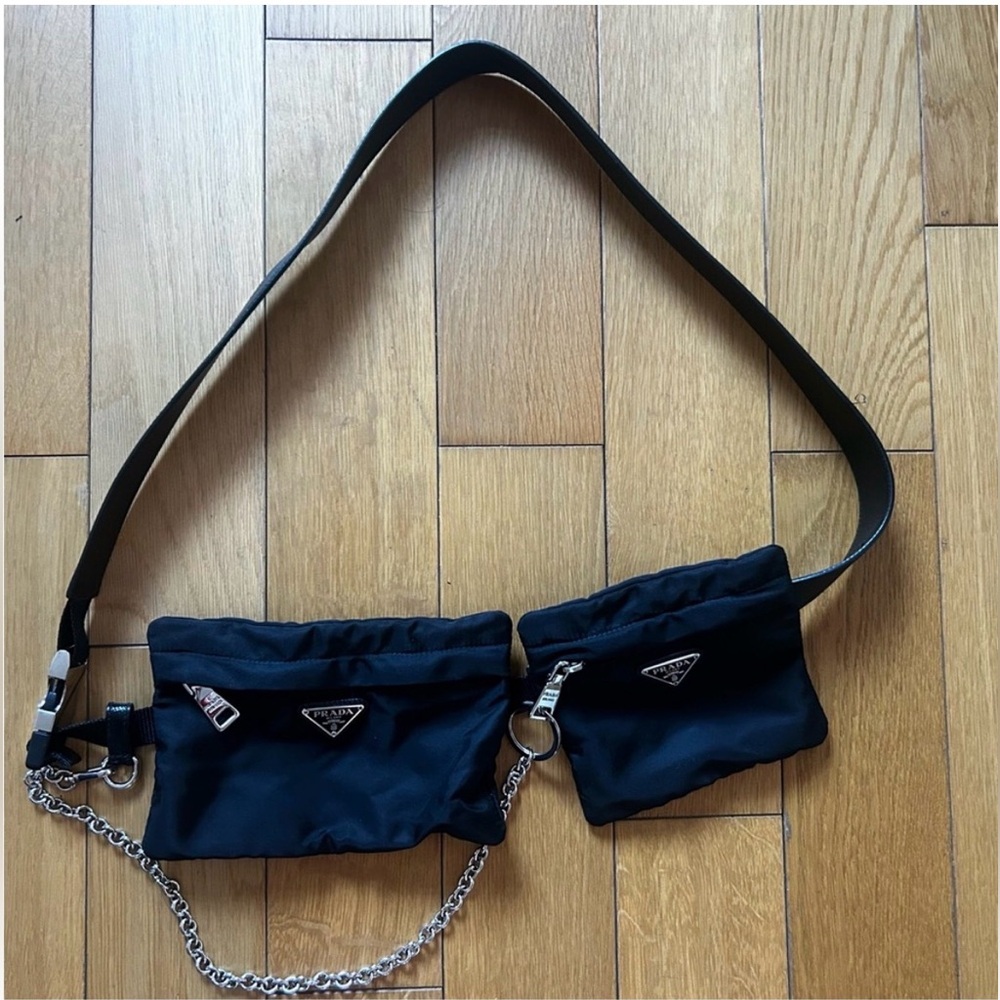 Prada Black Dual Pouch Crossbody Belt Bag with Silver Chain - 100% Authentic